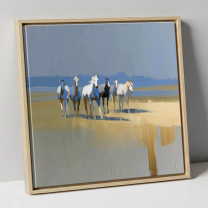 Blue Horizon Herd wild horses canvas wall art in natural frame
