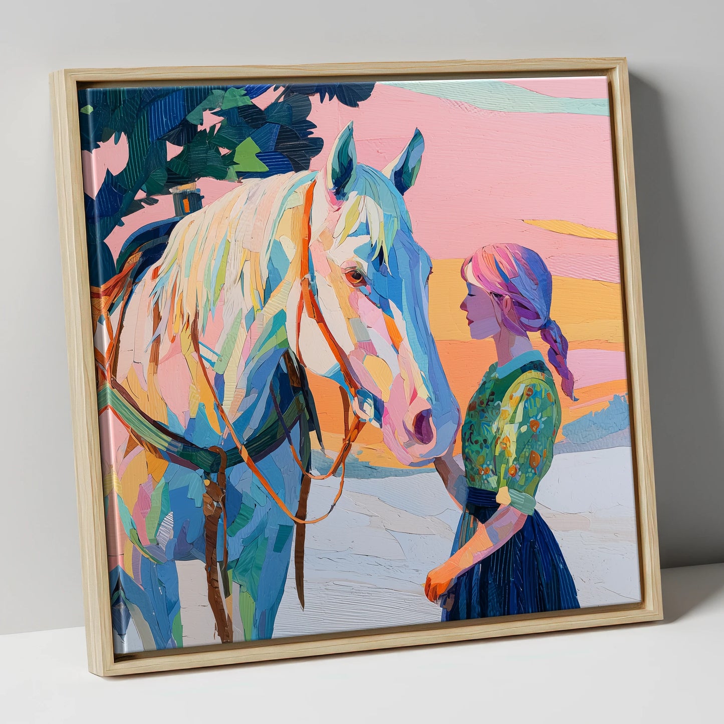 Vibrant Sunset Connection horse & rider canvas wall art in natural frame