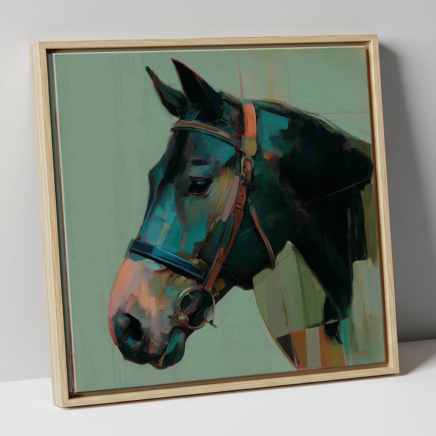 The Midnight Bridle horse portrait canvas wall art in natural frame