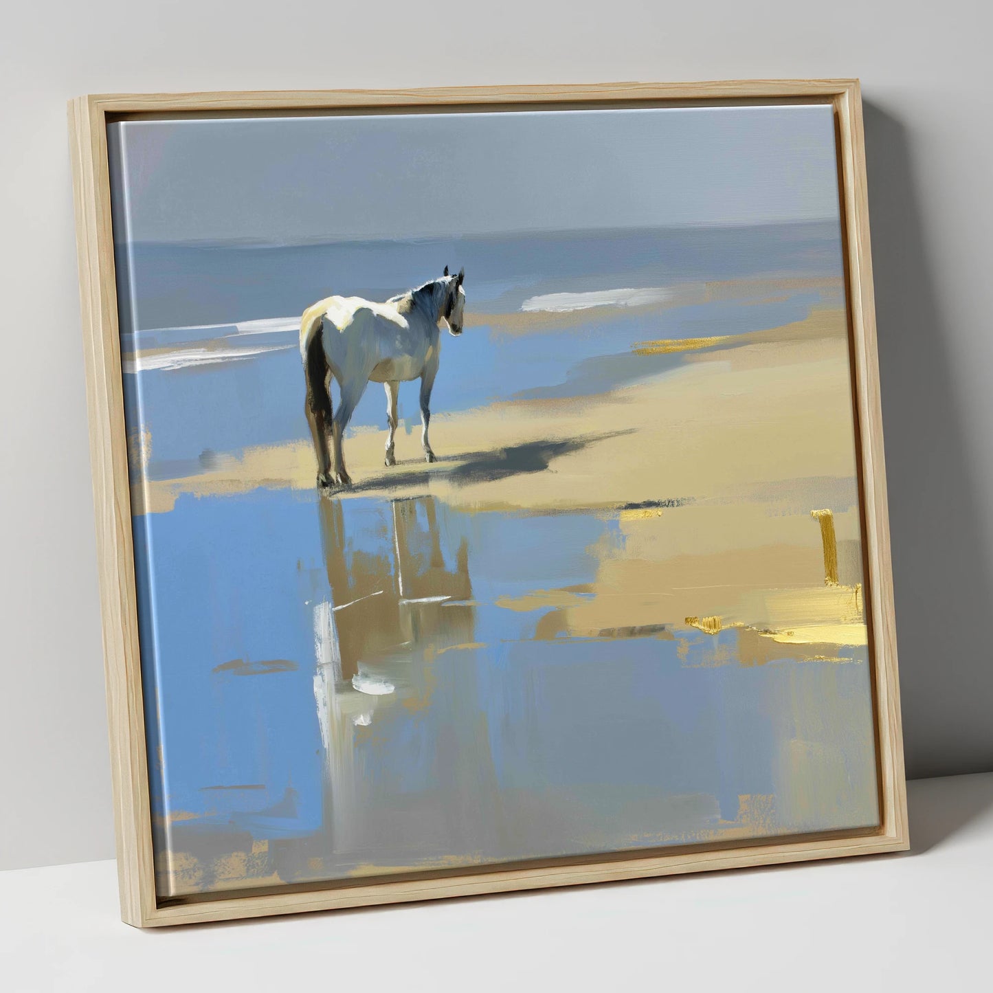 Shoreline Solitude horse landscape canvas wall art in natural frame