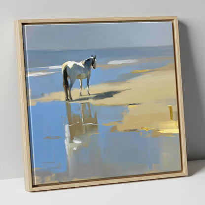Shoreline Solitude horse landscape canvas wall art in natural frame