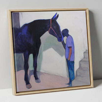 Silent Communion horse & rider canvas wall art in natural frame