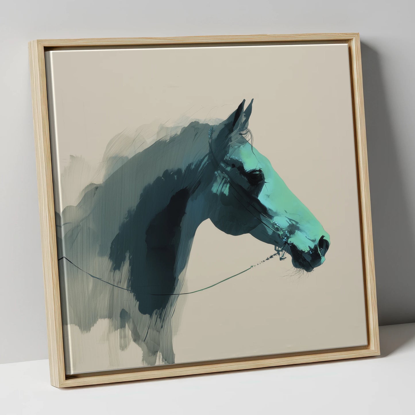 Teal Shadow Profile horse portrait canvas wall art in natural frame
