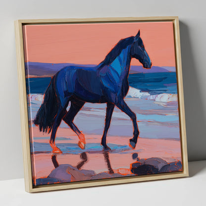 Indigo Beach Stride horse landscape canvas wall art in natural frame
