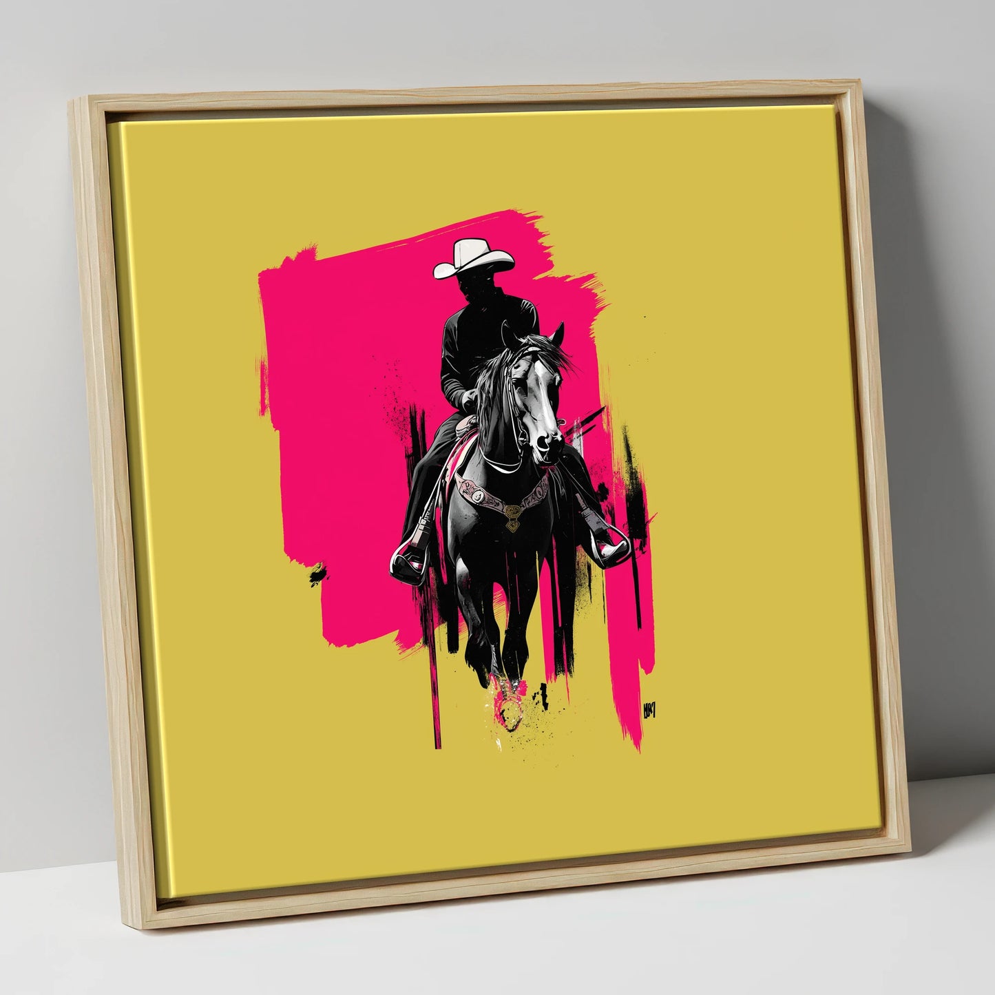 Magenta High Noon western horse canvas wall art in natural frame