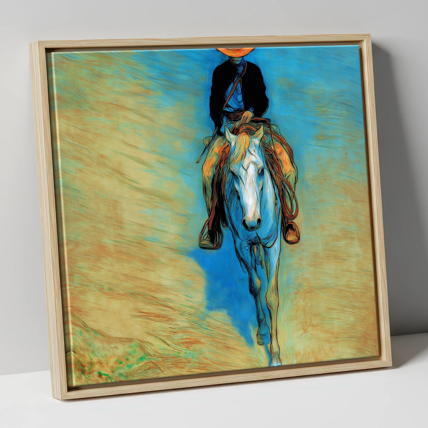 The Blue Trail Rider western horse canvas wall art in natural frame