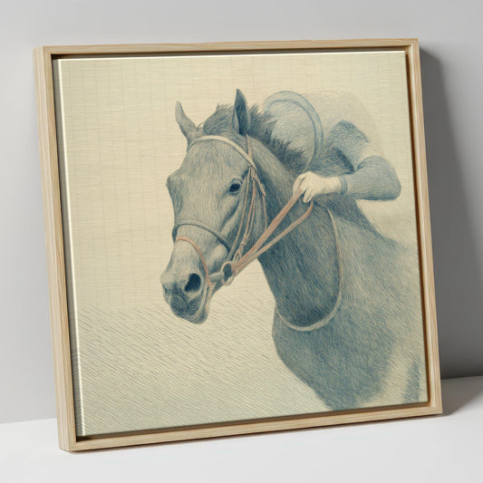 Quiet Precision racing horse canvas wall art in natural frame