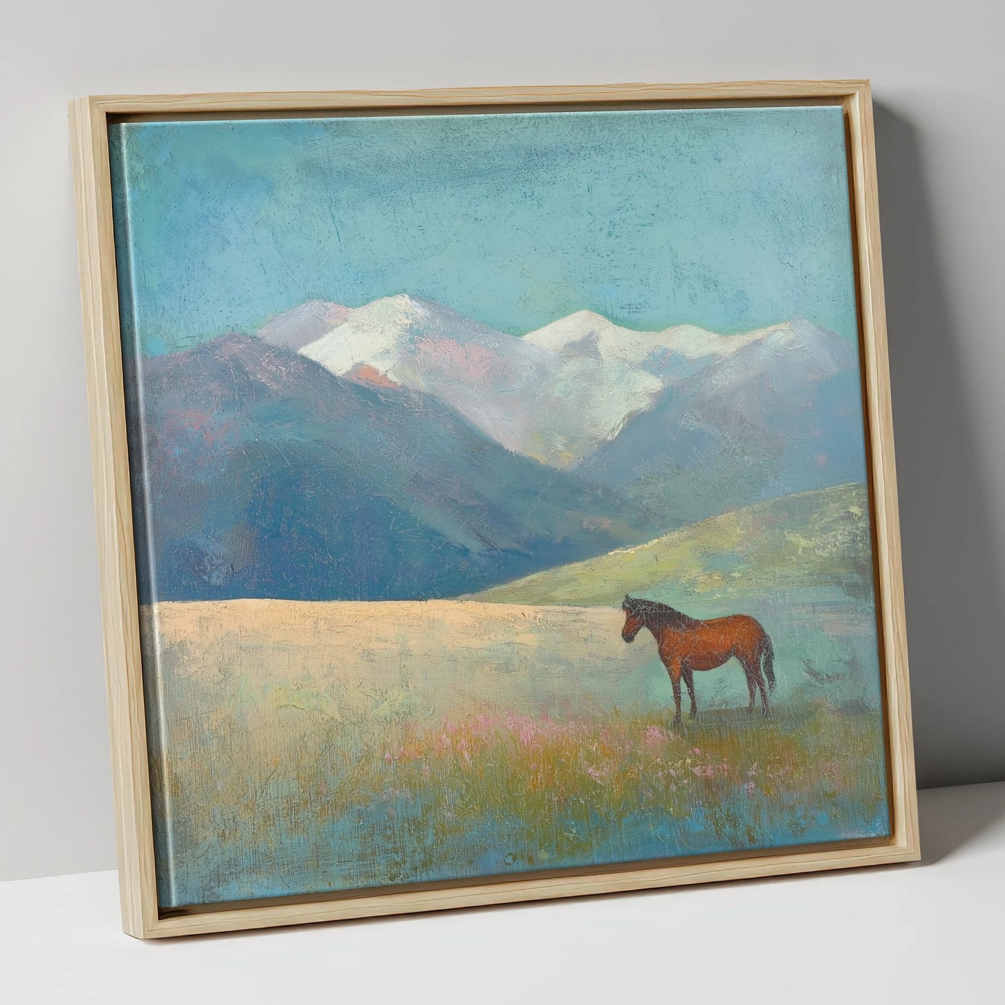 Alpine Solitude horse landscape canvas wall art in natural frame