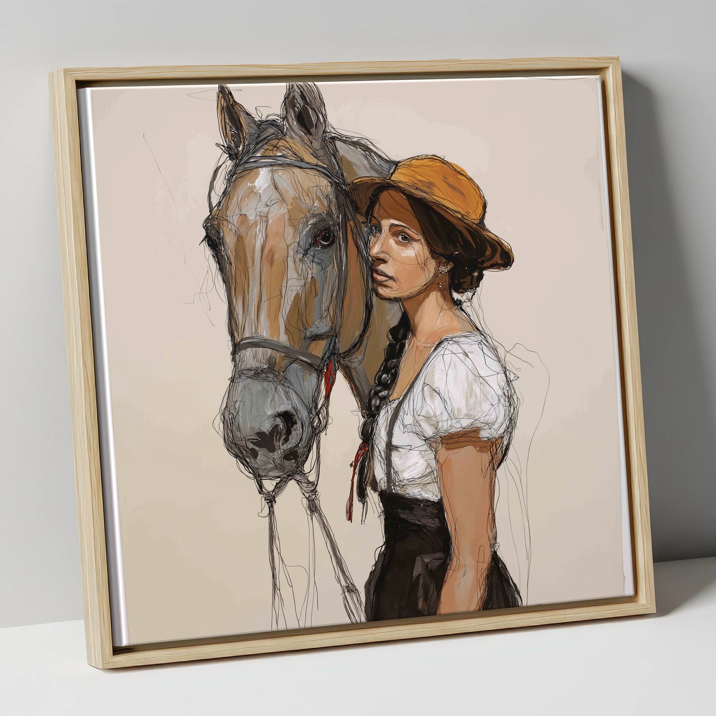 Unspoken Bond horse & rider canvas wall art in natural frame