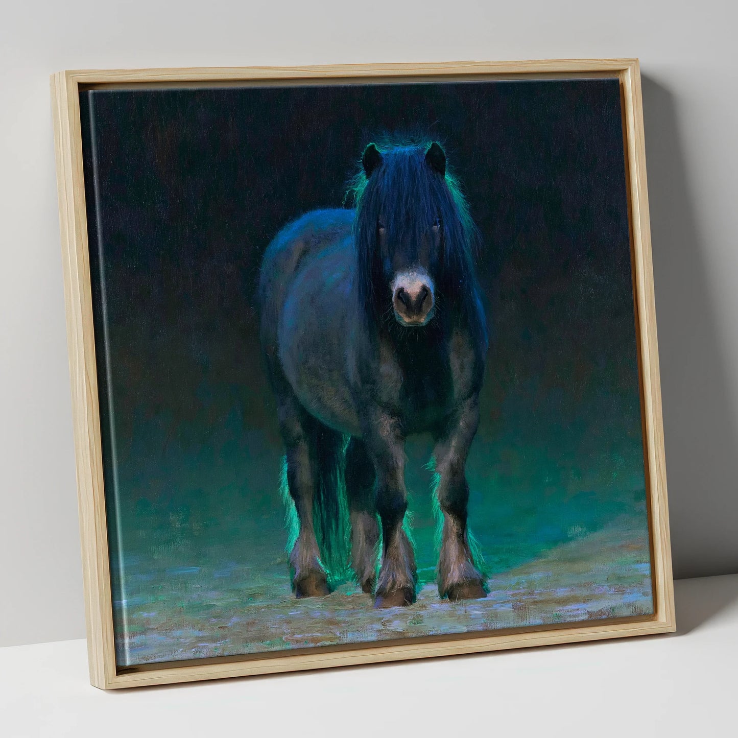 Black Shetland Pony in Moonlight horse breed canvas wall art in natural frame