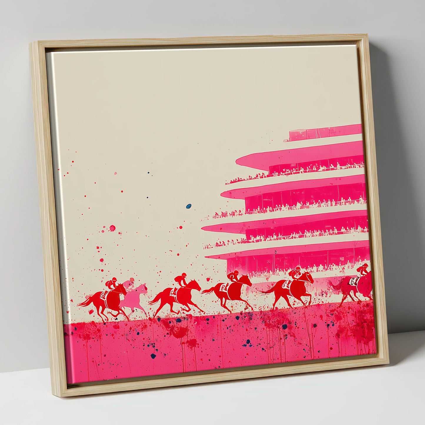 Magenta Grandstand Sprint racing horse canvas wall art in natural frame