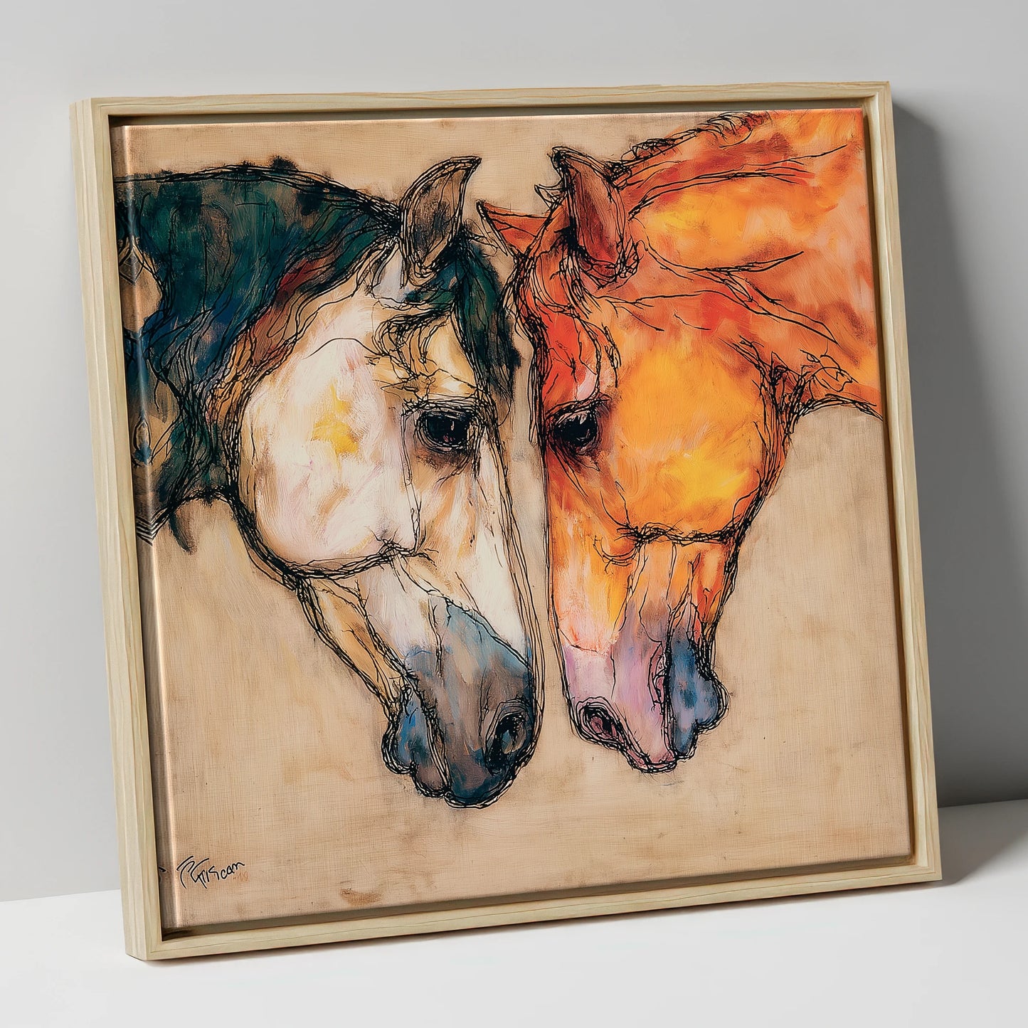 Kindred Spirits horse portrait canvas wall art in natural frame