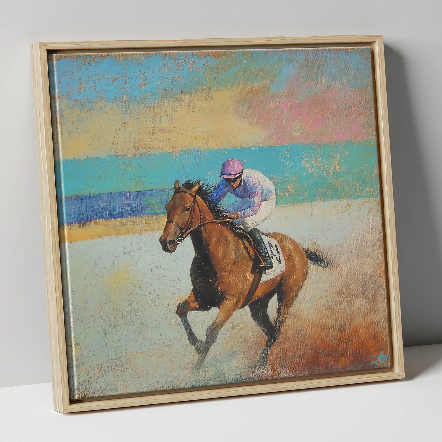 Thundering Towards Home racing horse canvas wall art in natural frame