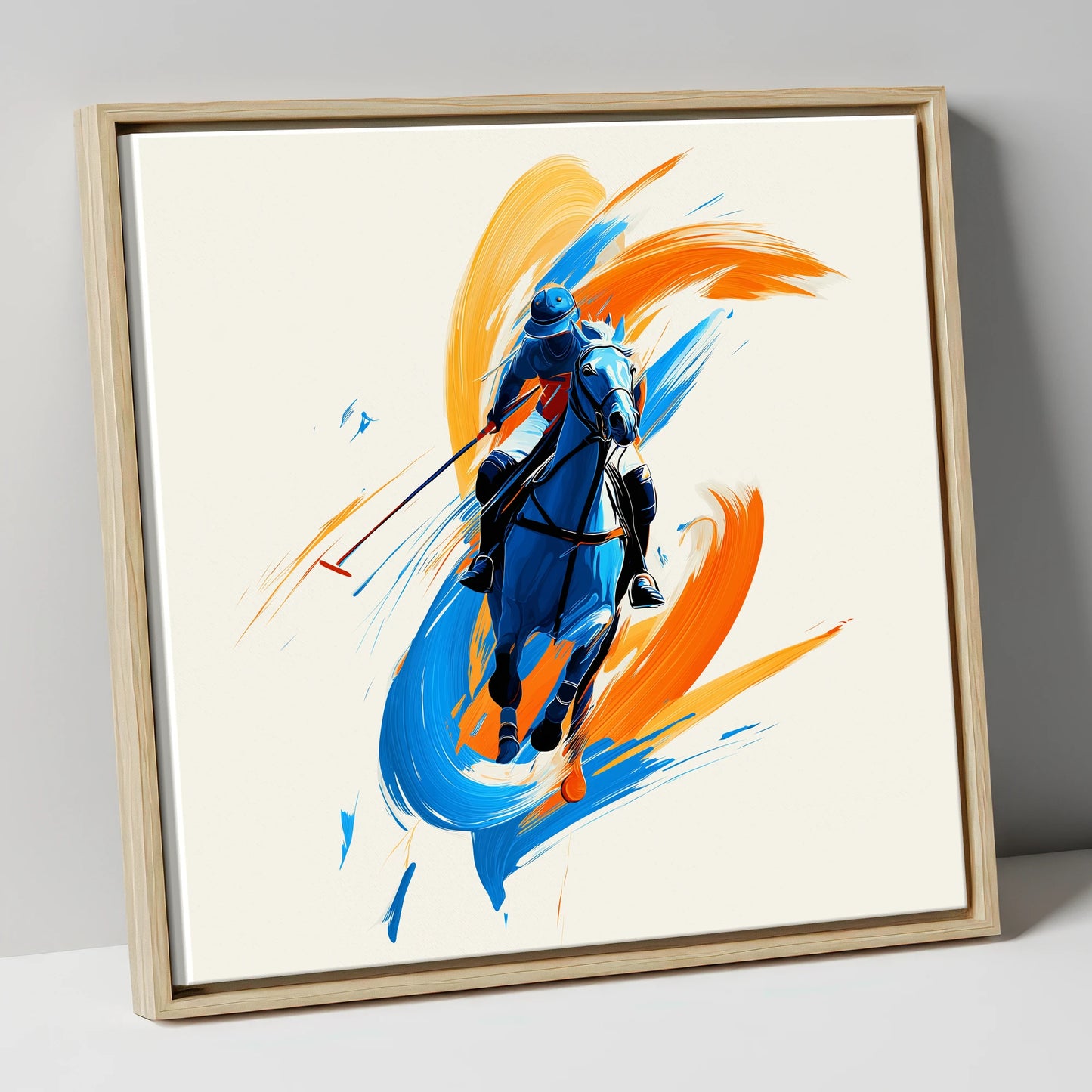 The Indigo Strike polo horse canvas wall art in natural frame