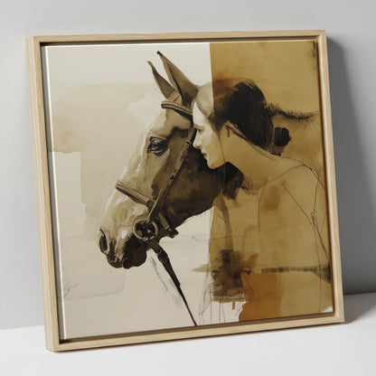 Quiet Connection horse & rider canvas wall art in natural frame