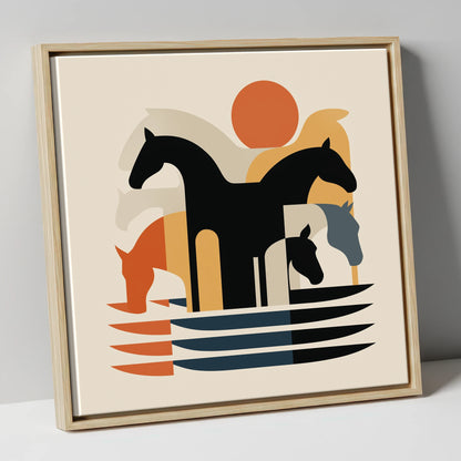 Abstract Terracotta Herd wild horses canvas wall art in natural frame