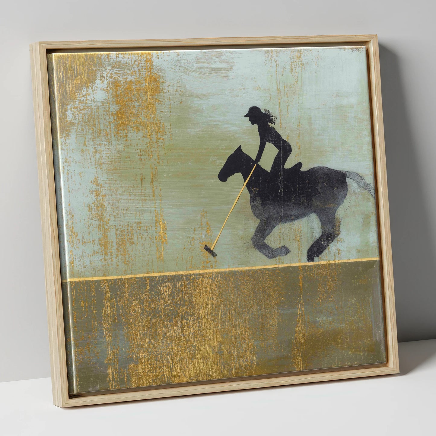 Gilded Polo Silhouette polo horse canvas wall art in natural frame