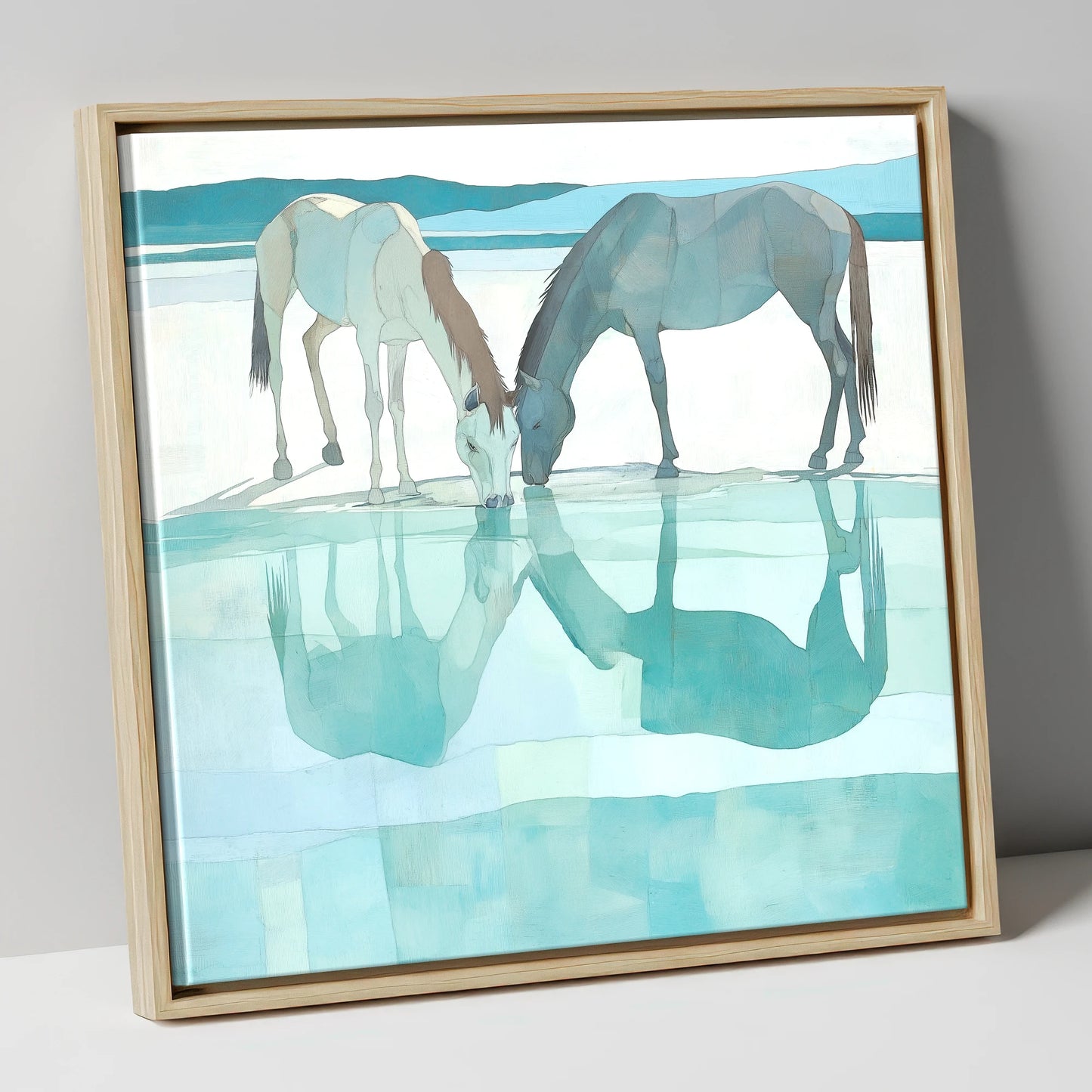Mirrored Serenity wild horses canvas wall art in natural frame