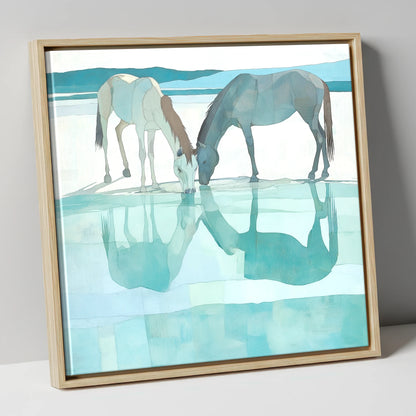Mirrored Serenity wild horses canvas wall art in natural frame