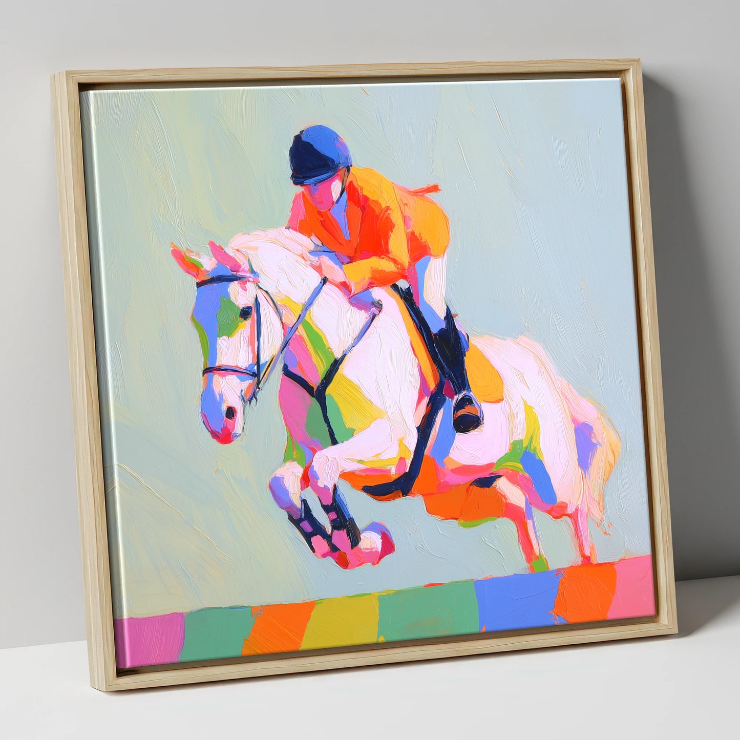 Technicolour Flight show jumping horse canvas wall art in natural frame