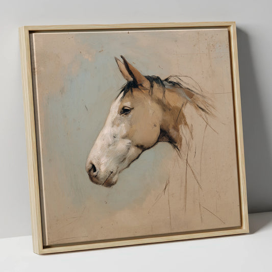 Muted Equine Profile horse portrait canvas wall art in natural frame