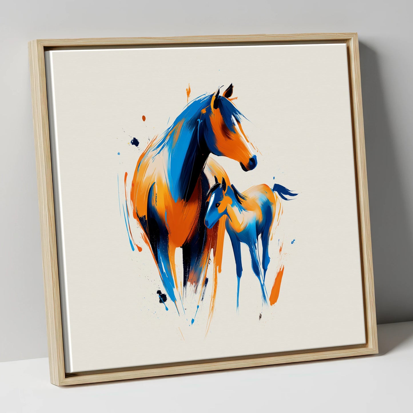 Azure and Amber Bond mare & foal canvas wall art in natural frame