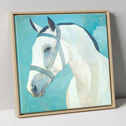 Serene Focus in Teal horse portrait canvas wall art in natural frame