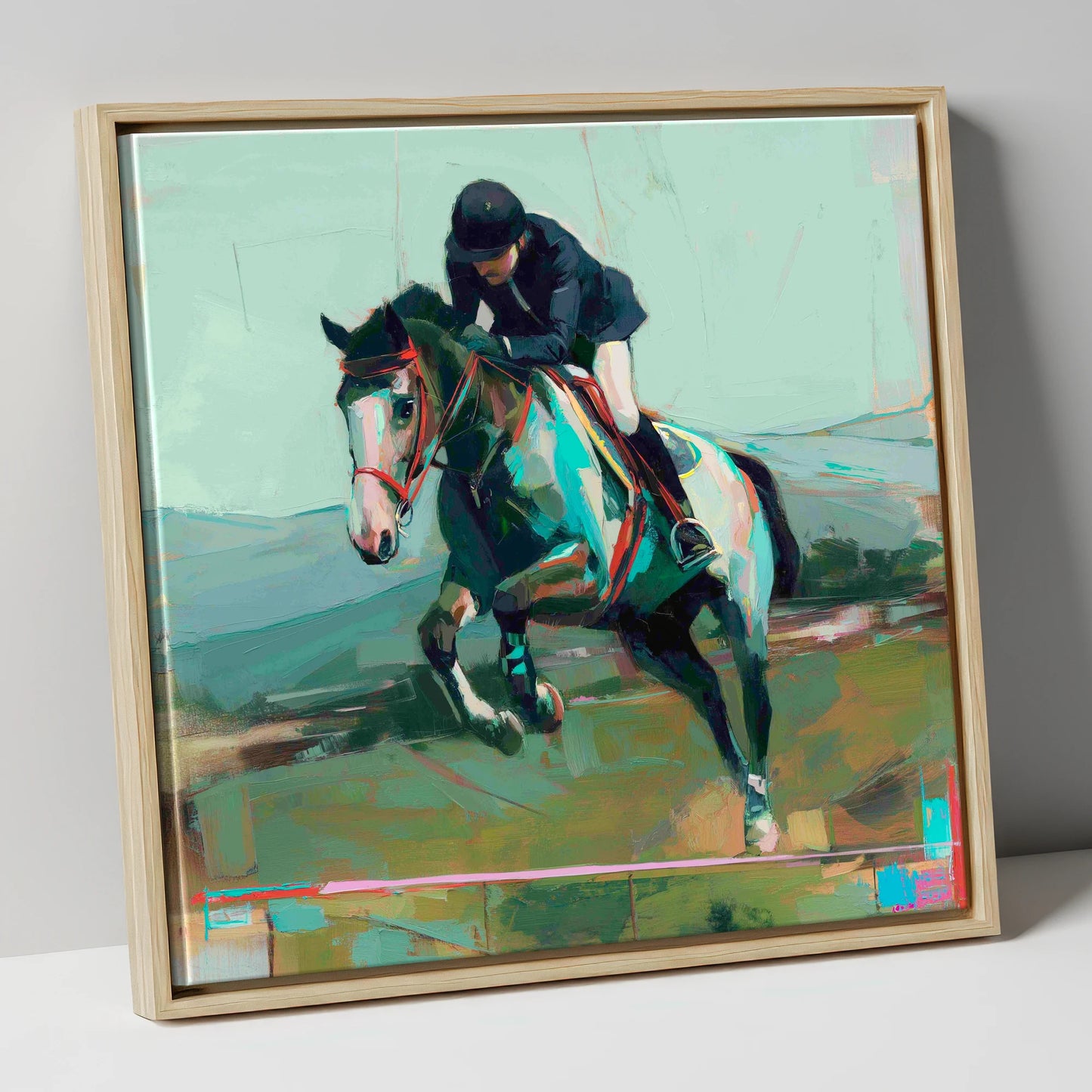 The Bold Clear show jumping horse canvas wall art in natural frame