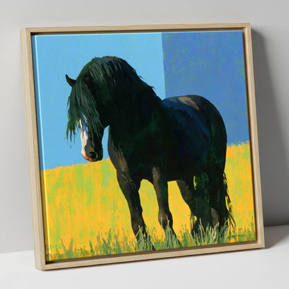 Black Cob in Yellow Field horse breed canvas wall art in natural frame