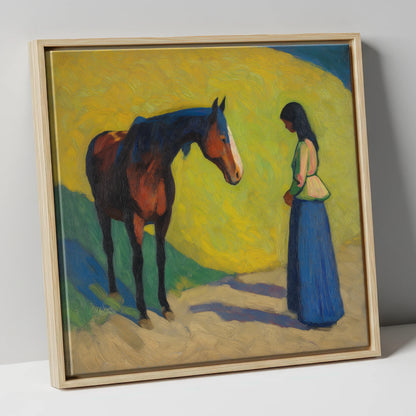 Vibrant Connection horse & rider canvas wall art in natural frame
