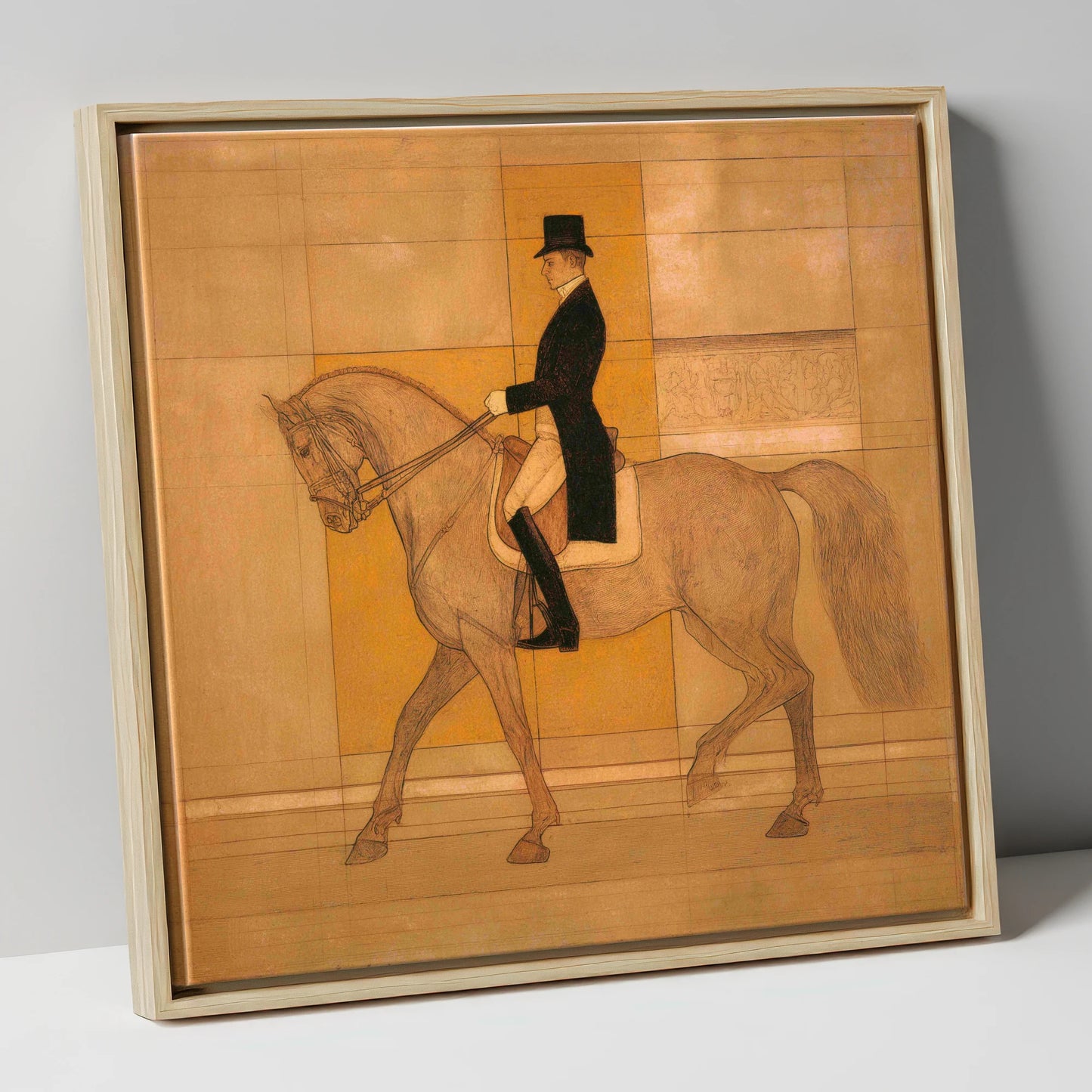 Collected Elegance dressage horse canvas wall art in natural frame