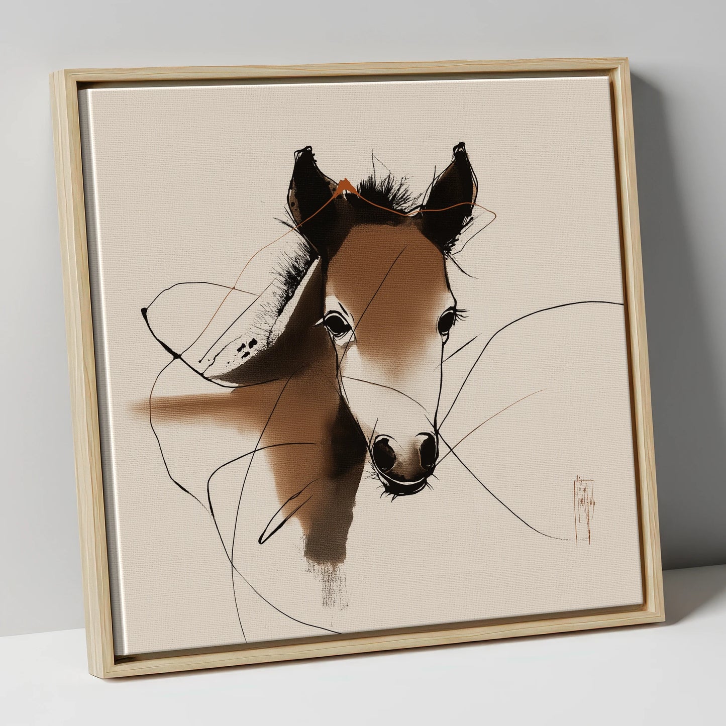Curious Sepia Foal horse portrait canvas wall art in natural frame