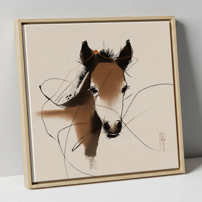 Curious Sepia Foal horse portrait canvas wall art in natural frame