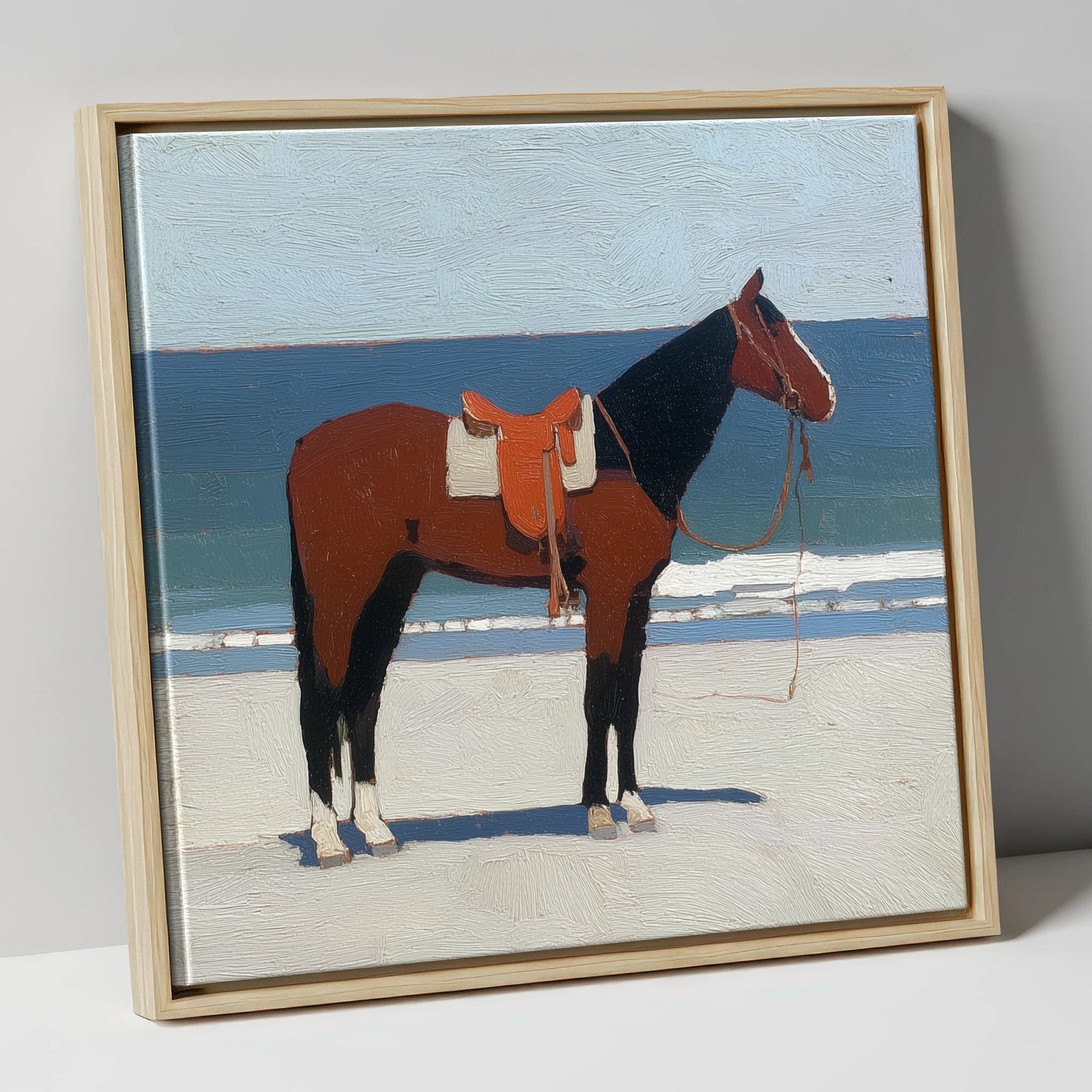 Waiting by the Tide horse landscape canvas wall art in natural frame