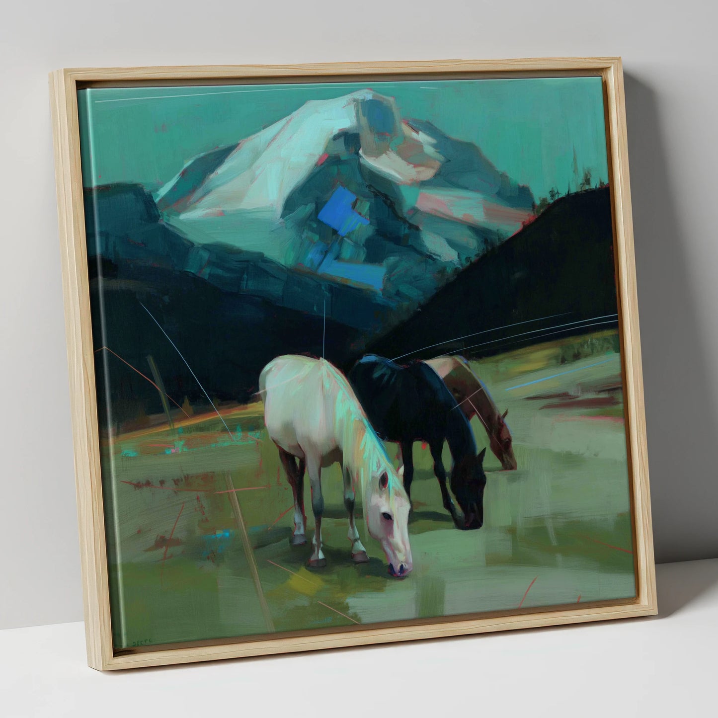 Teal Mountain Pasture horse landscape canvas wall art in natural frame
