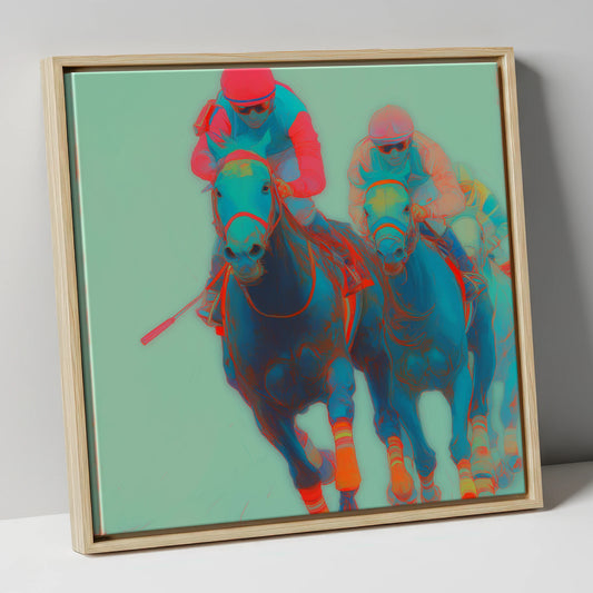 Electric Furlong racing horse canvas wall art in natural frame