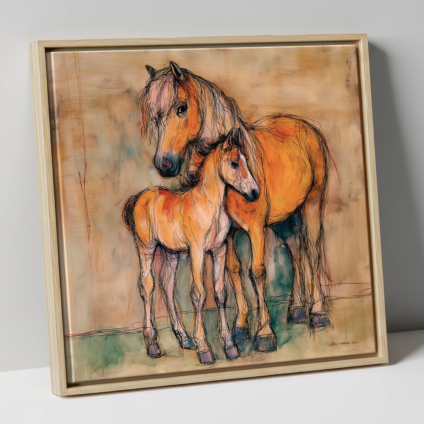 Tender Earth Bond mare & foal canvas wall art in natural frame