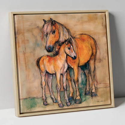Tender Earth Bond mare & foal canvas wall art in natural frame