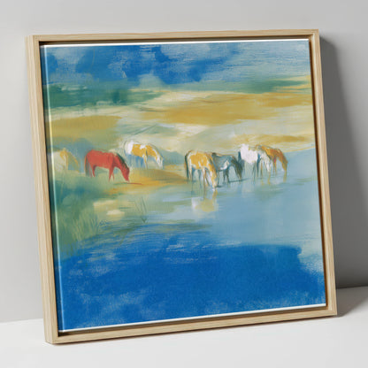 Vivid Watering Hole wild horses canvas wall art in natural frame