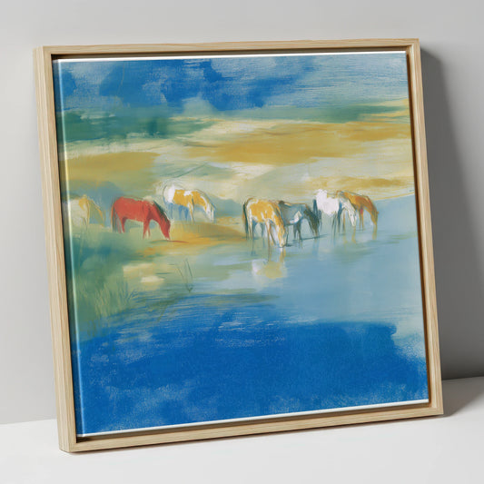 Vivid Watering Hole wild horses canvas wall art in natural frame