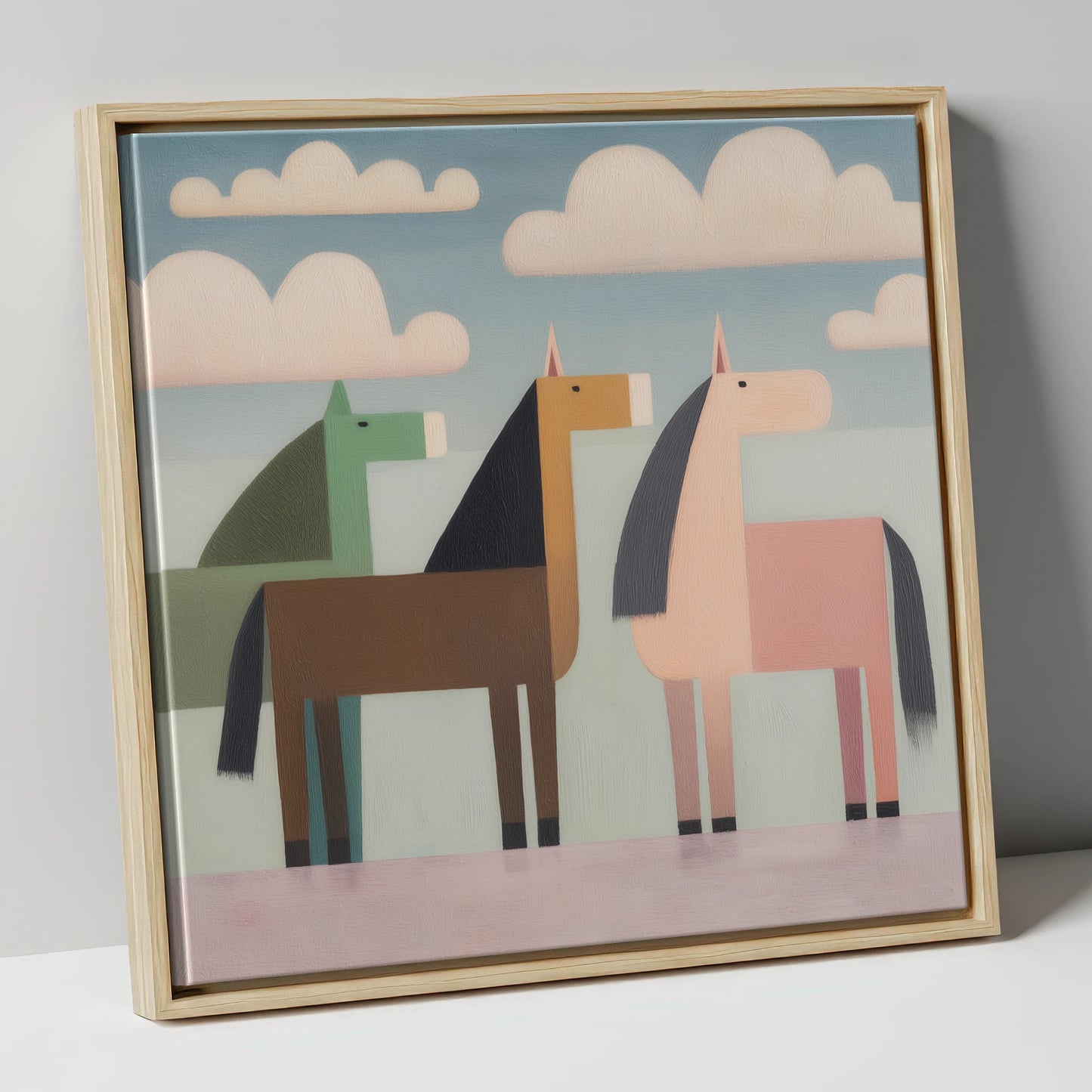 Serene Stylised Herd horse landscape canvas wall art in natural frame