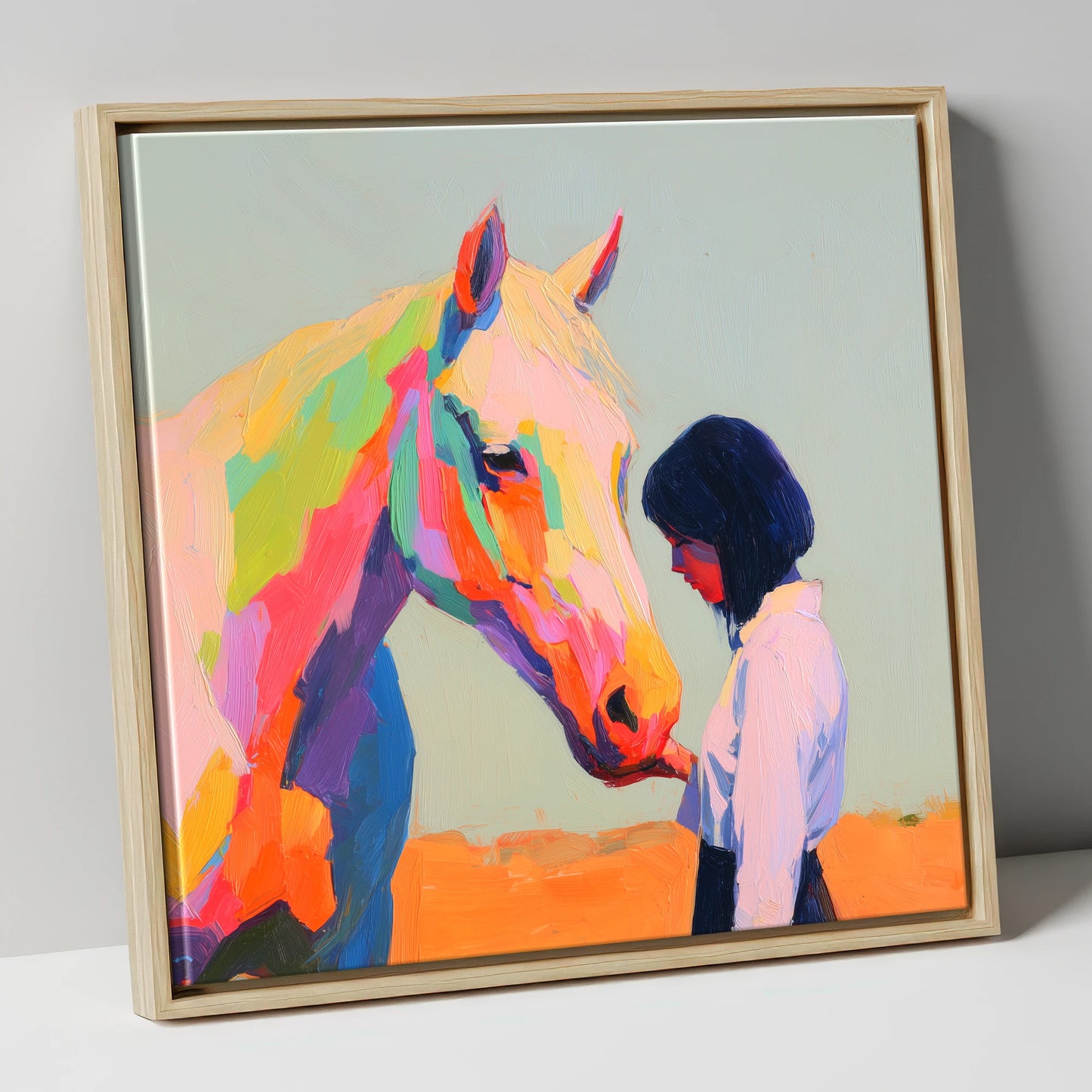 Vivid Connection horse & rider canvas wall art in natural frame