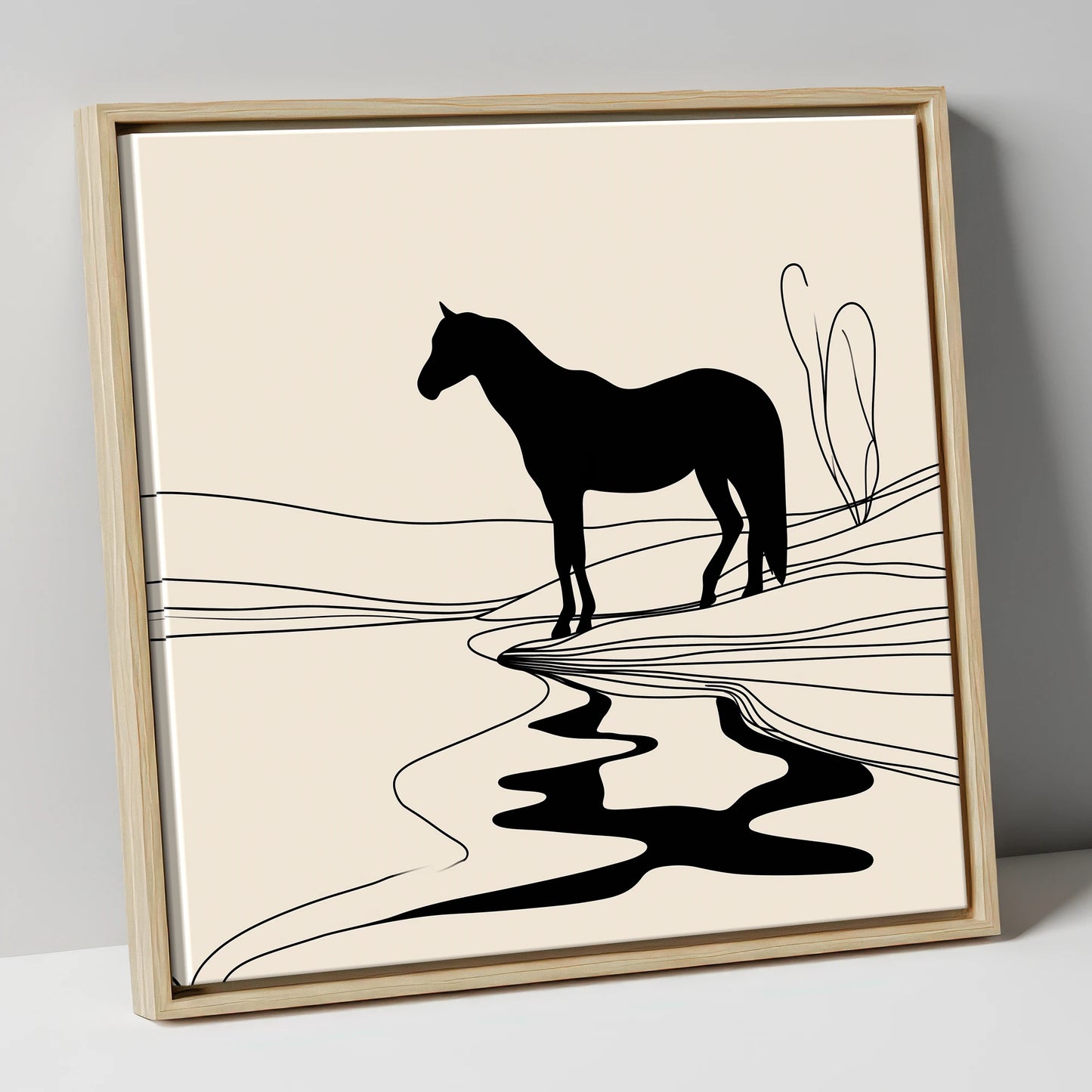 The Silent Oasis horse landscape canvas wall art in natural frame