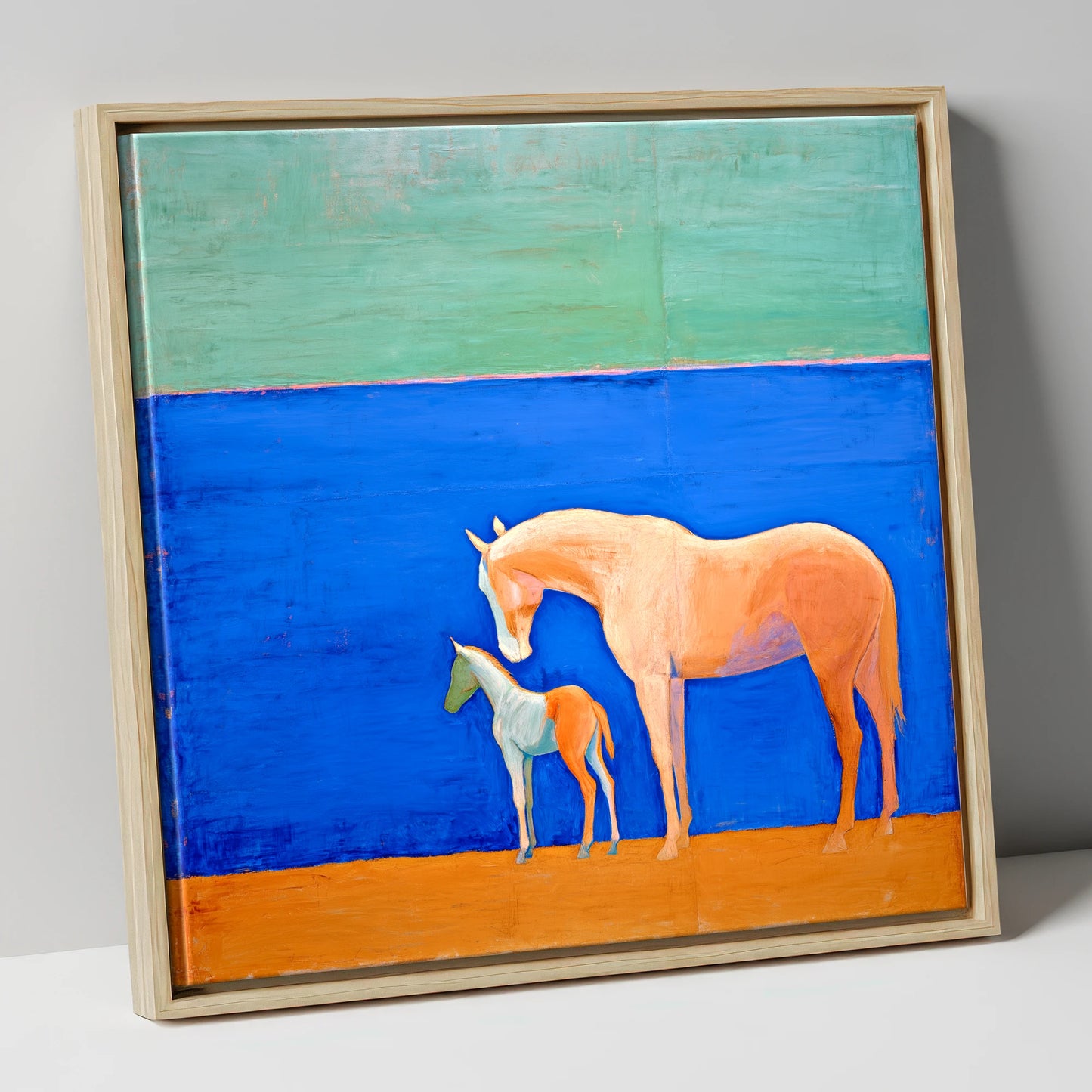 Cobalt Bond mare & foal canvas wall art in natural frame