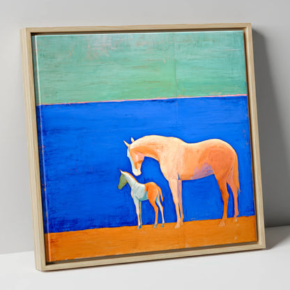 Cobalt Bond mare & foal canvas wall art in natural frame