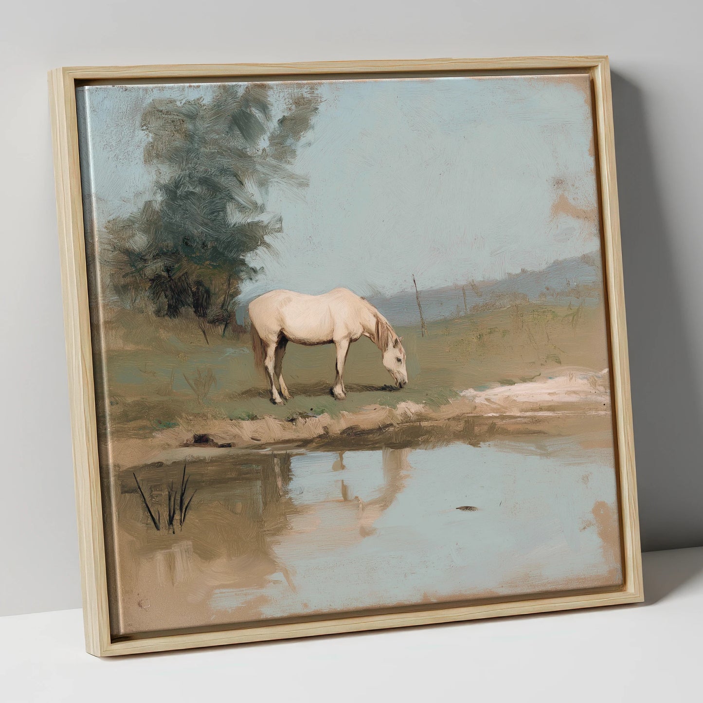 Pastoral Reflection horse landscape canvas wall art in natural frame