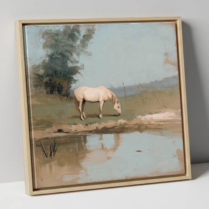 Pastoral Reflection horse landscape canvas wall art in natural frame
