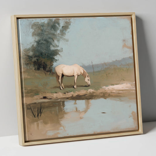 Pastoral Reflection horse landscape canvas wall art in natural frame