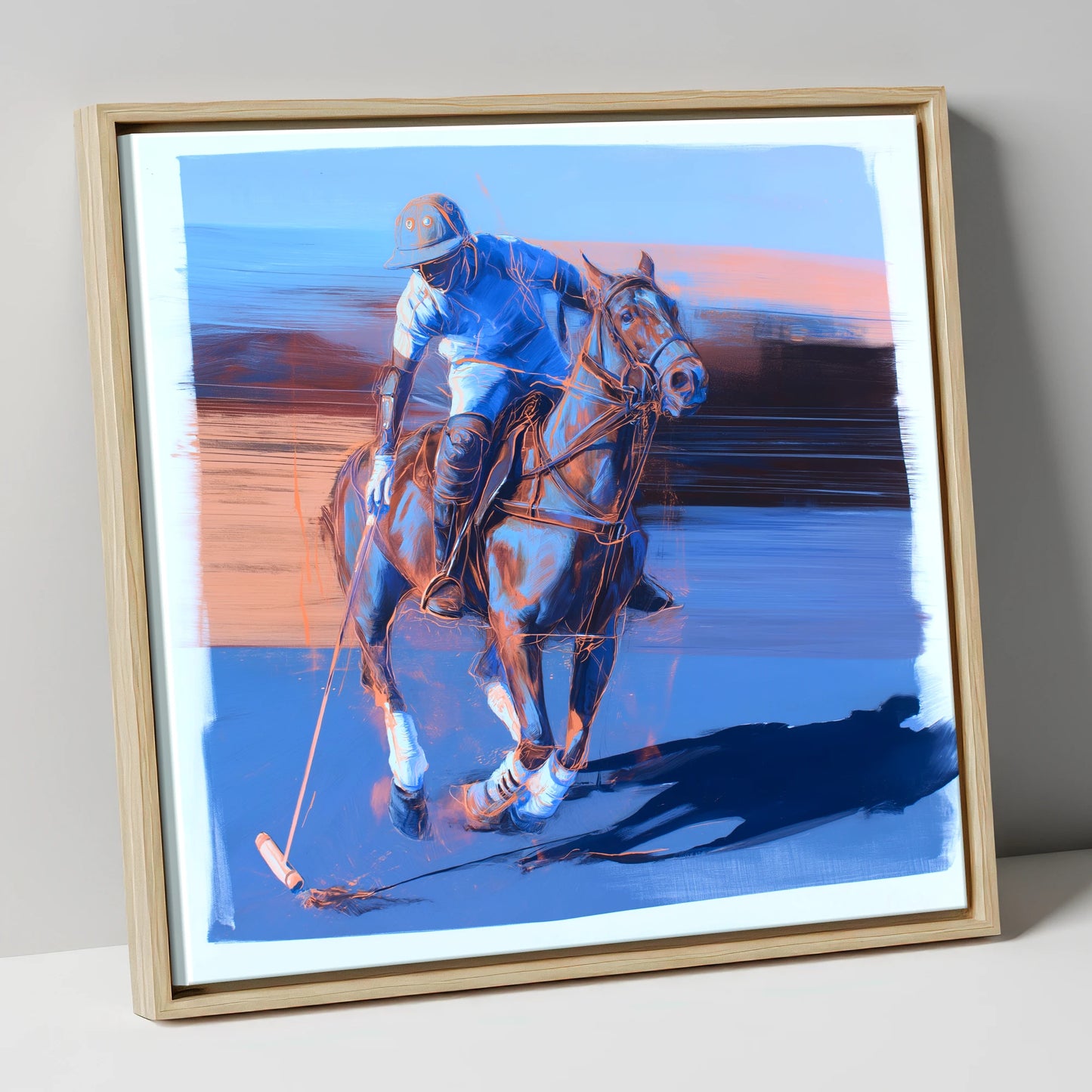 The Cobalt Chukka polo horse canvas wall art in natural frame
