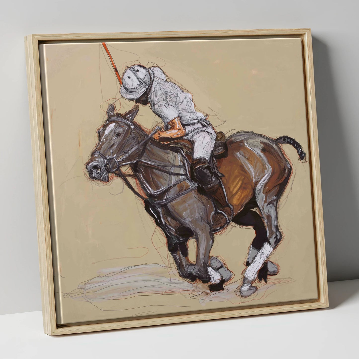 Momentum on the Field polo horse canvas wall art in natural frame